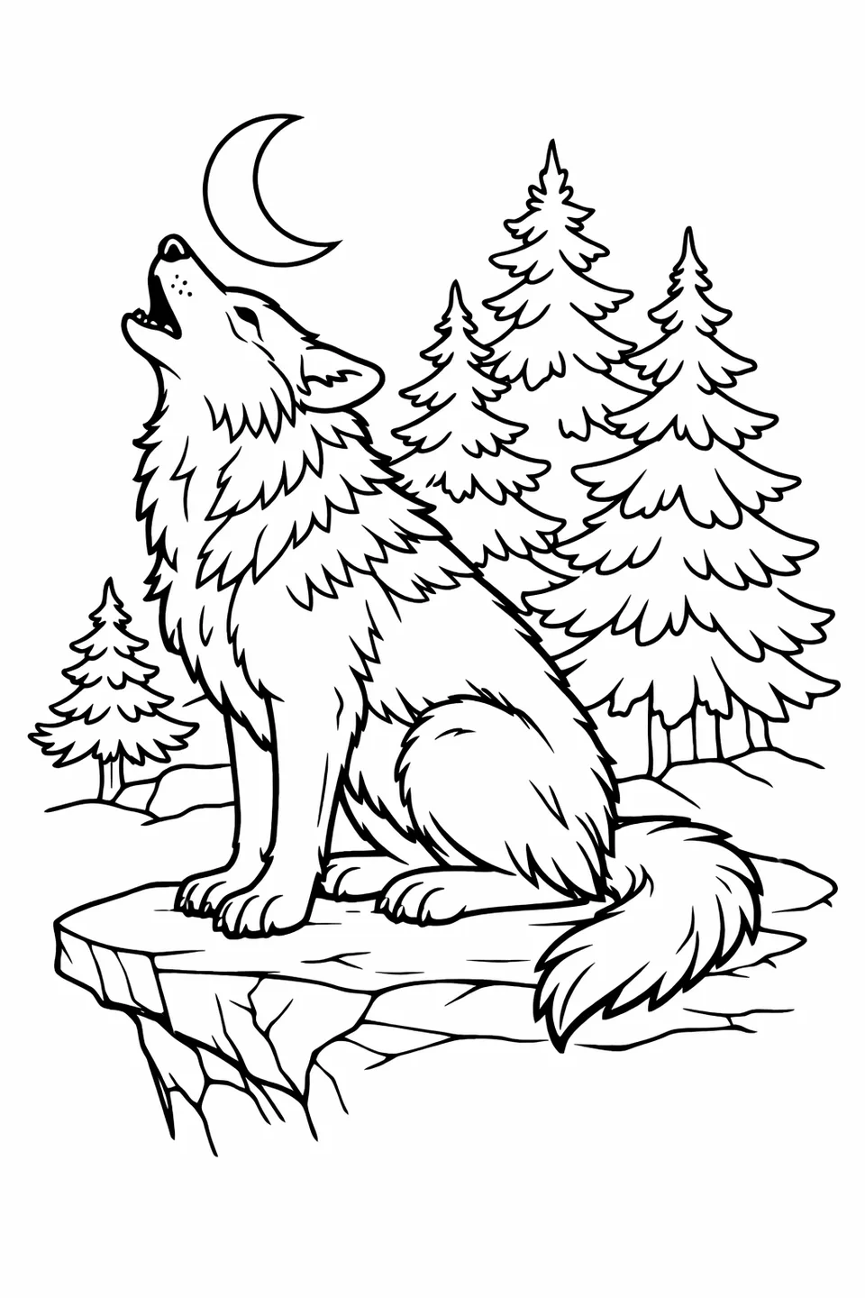 Line drawing of a wolf sitting in profile on a flat rock with pine trees and a crescent moon in the background