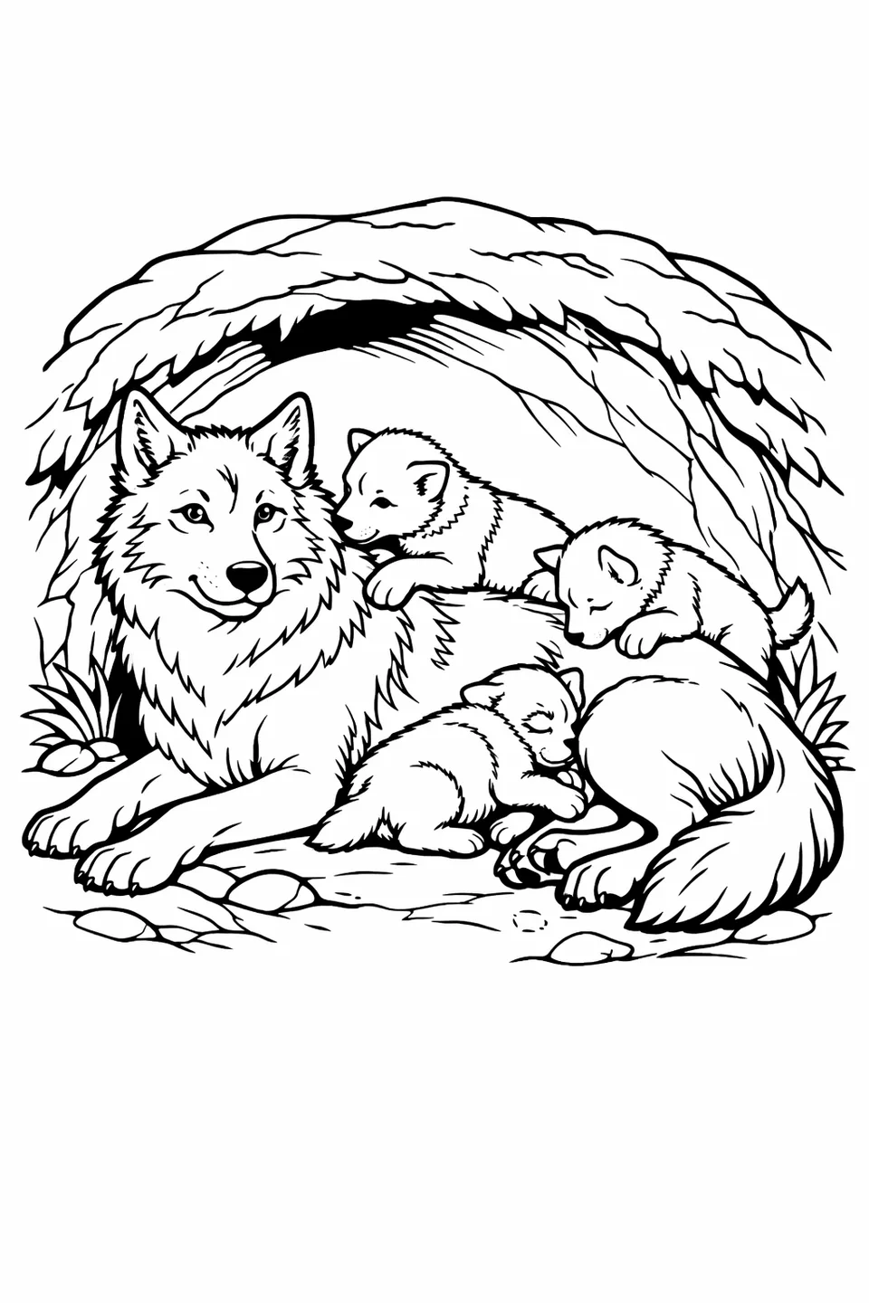 Line drawing of a wolf mother on her side at a den entrance with three pups nursing and climbing on her