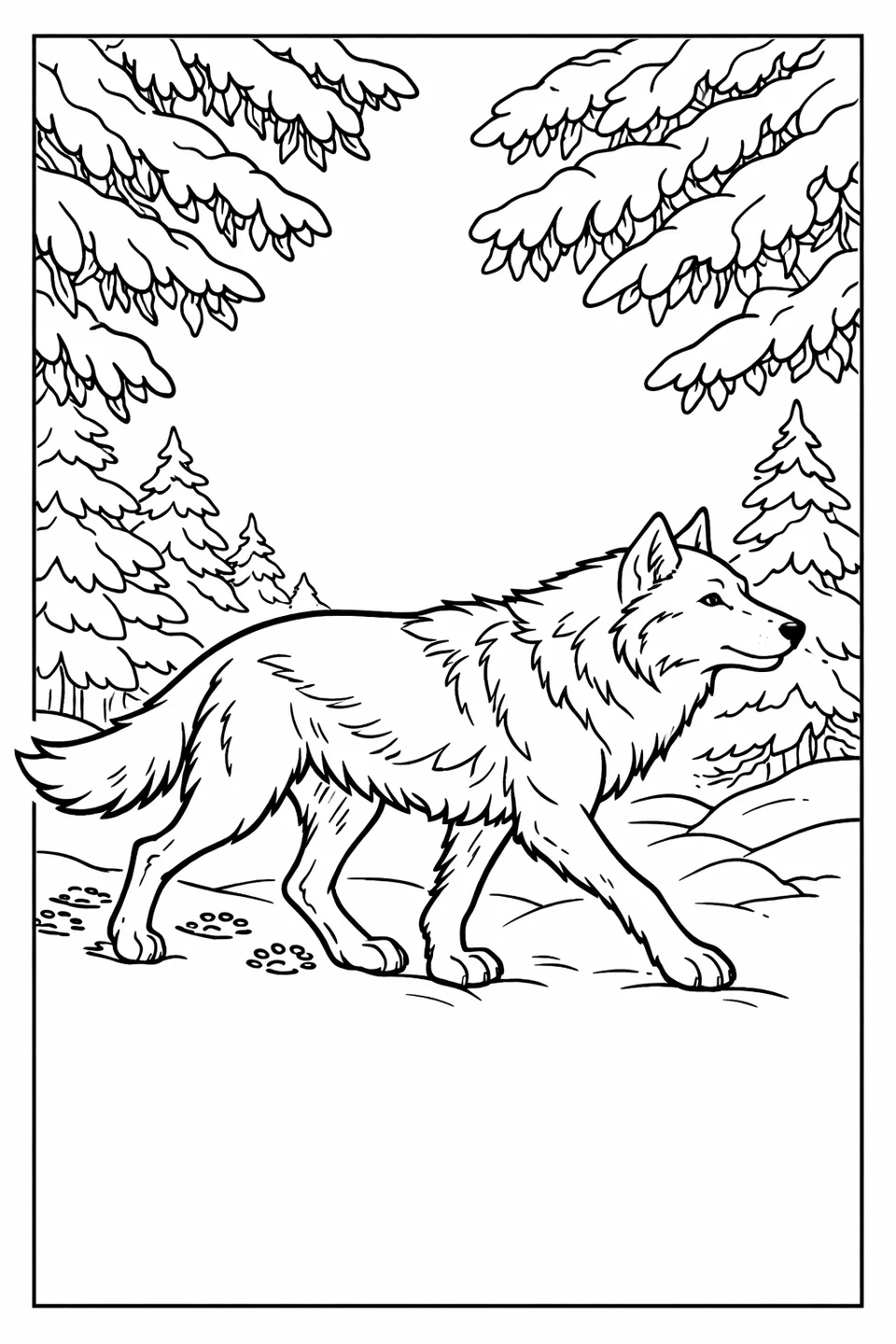 Line drawing of a lone wolf trotting through a snow-covered pine forest with paw prints in the snow behind it