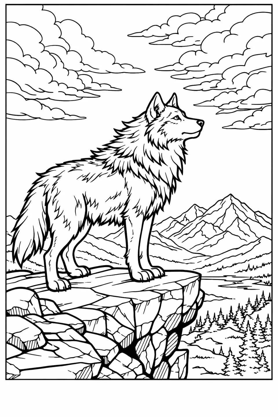 Line drawing of a wolf on a cliff ledge looking over a wide valley with a mountain range and cloudy sky in the background