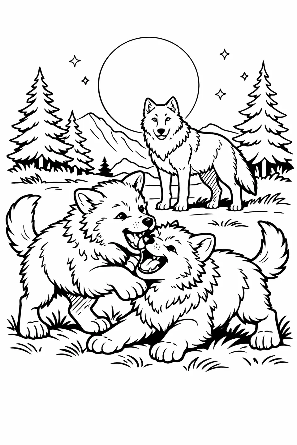 Line drawing of two wolf pups play-fighting in a grassy clearing with an adult wolf watching from the background