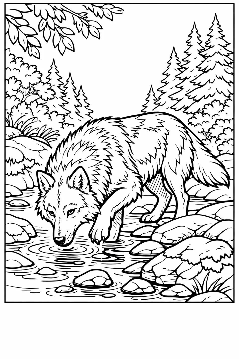 Line drawing of a wolf wading into a shallow forest stream with mossy rocks and dense bank vegetation nearby