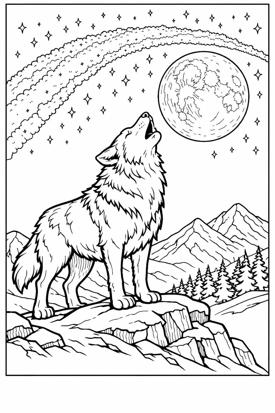 Line drawing of a wolf howling on a snow-dusted mountain slope with evergreen trees below and a starry sky above