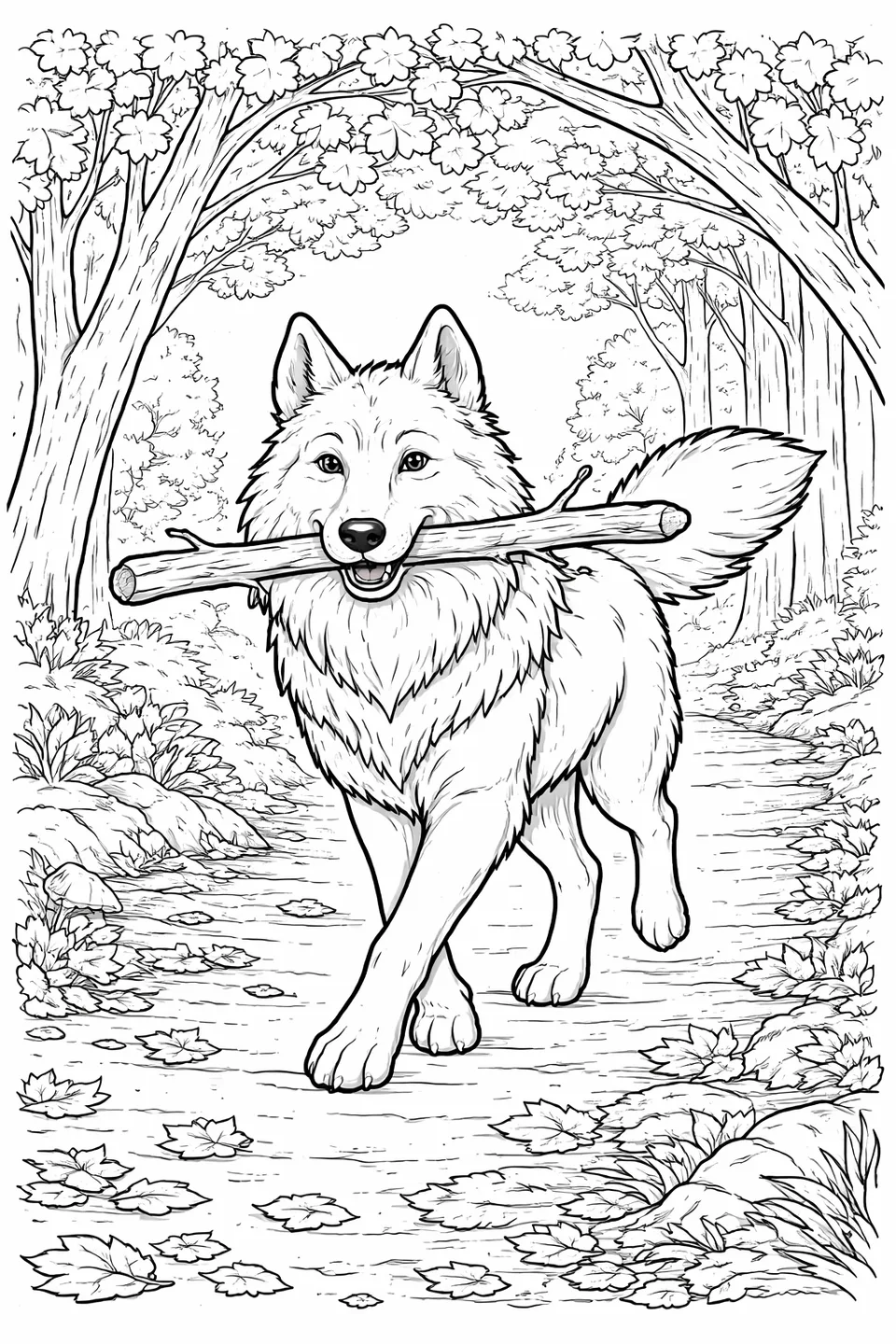 Line drawing of a wolf trotting on a forest trail with a stick in its mouth, surrounded by fallen autumn leaves