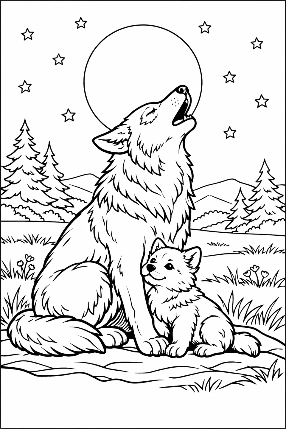 Line drawing of an adult wolf sitting with a young pup leaning against its front leg in a meadow setting