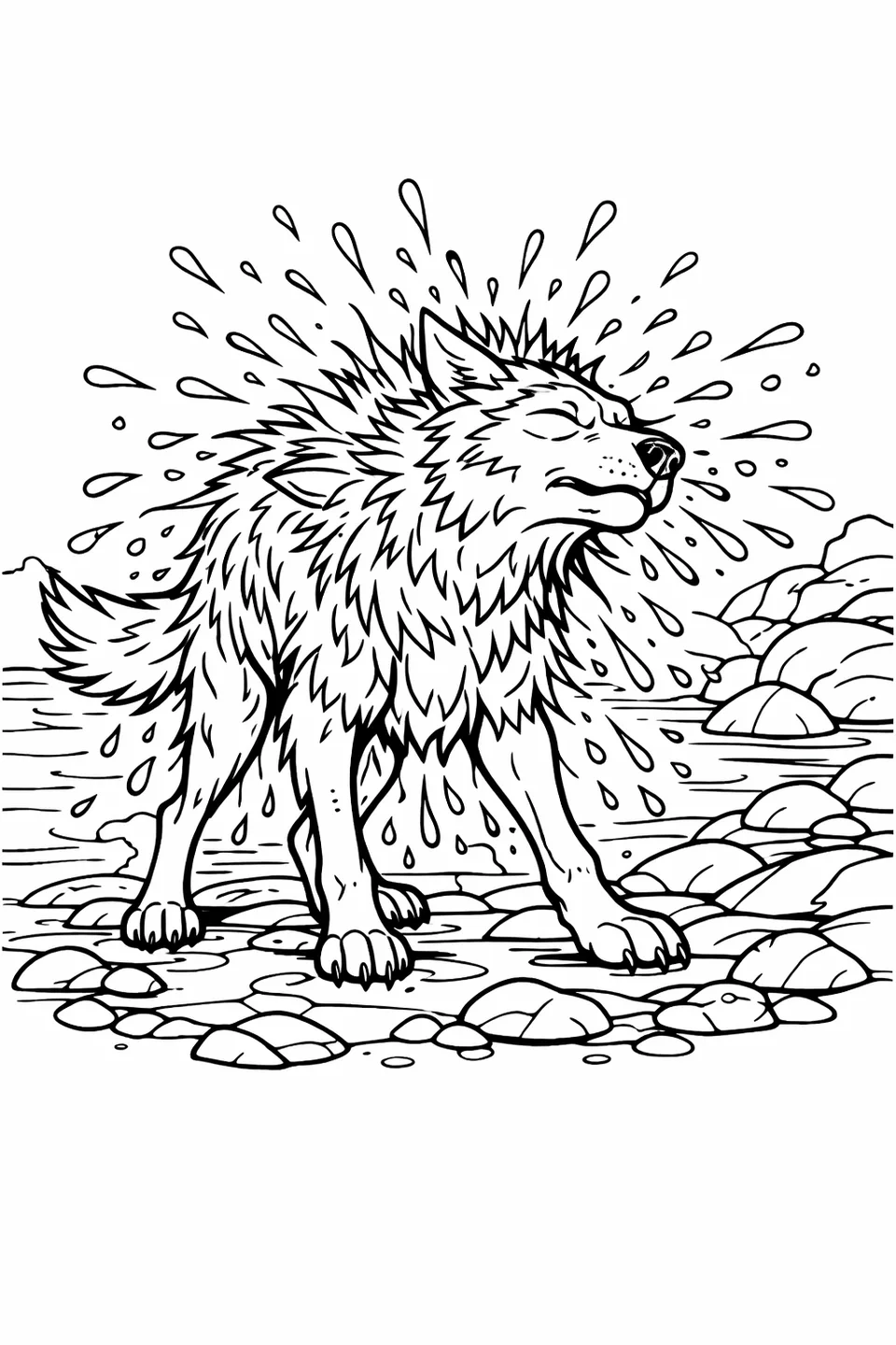 Line drawing of a wolf shaking water off its wet fur on a rocky riverbank with droplets flying in all directions