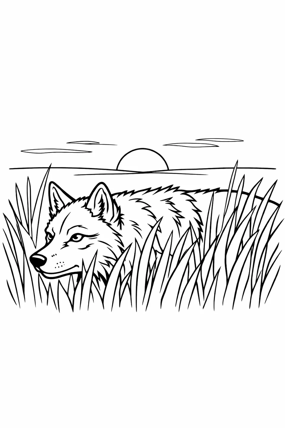 Line drawing of a wolf moving through tall prairie grass at dusk with its back and head above the grass and an orange horizon sky