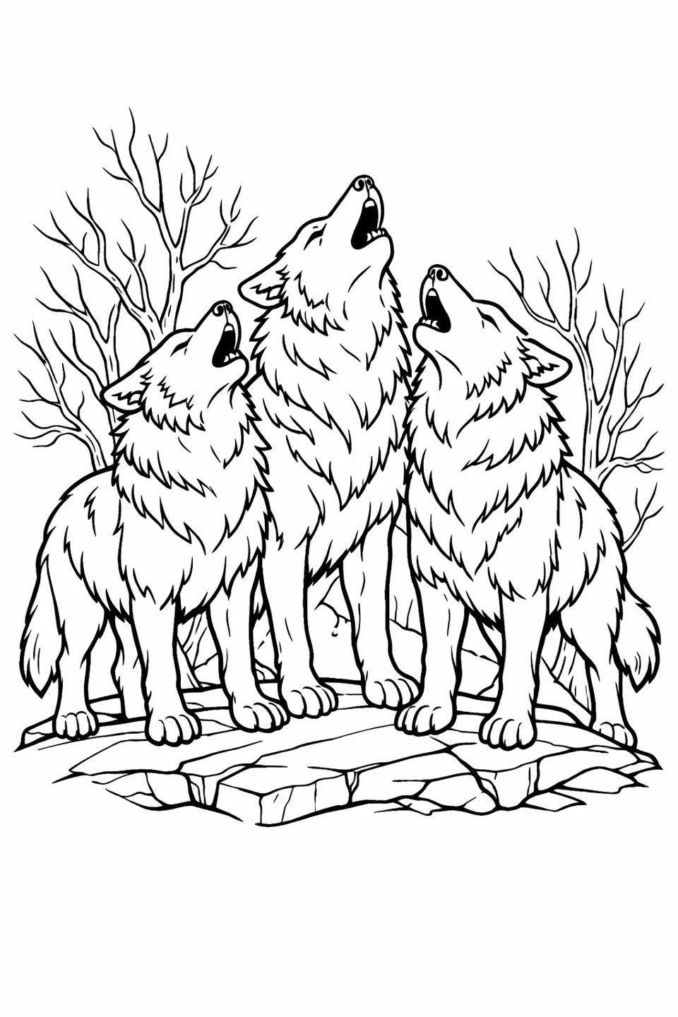 Line drawing of three wolves howling together on a rocky outcrop with bare winter trees in the background