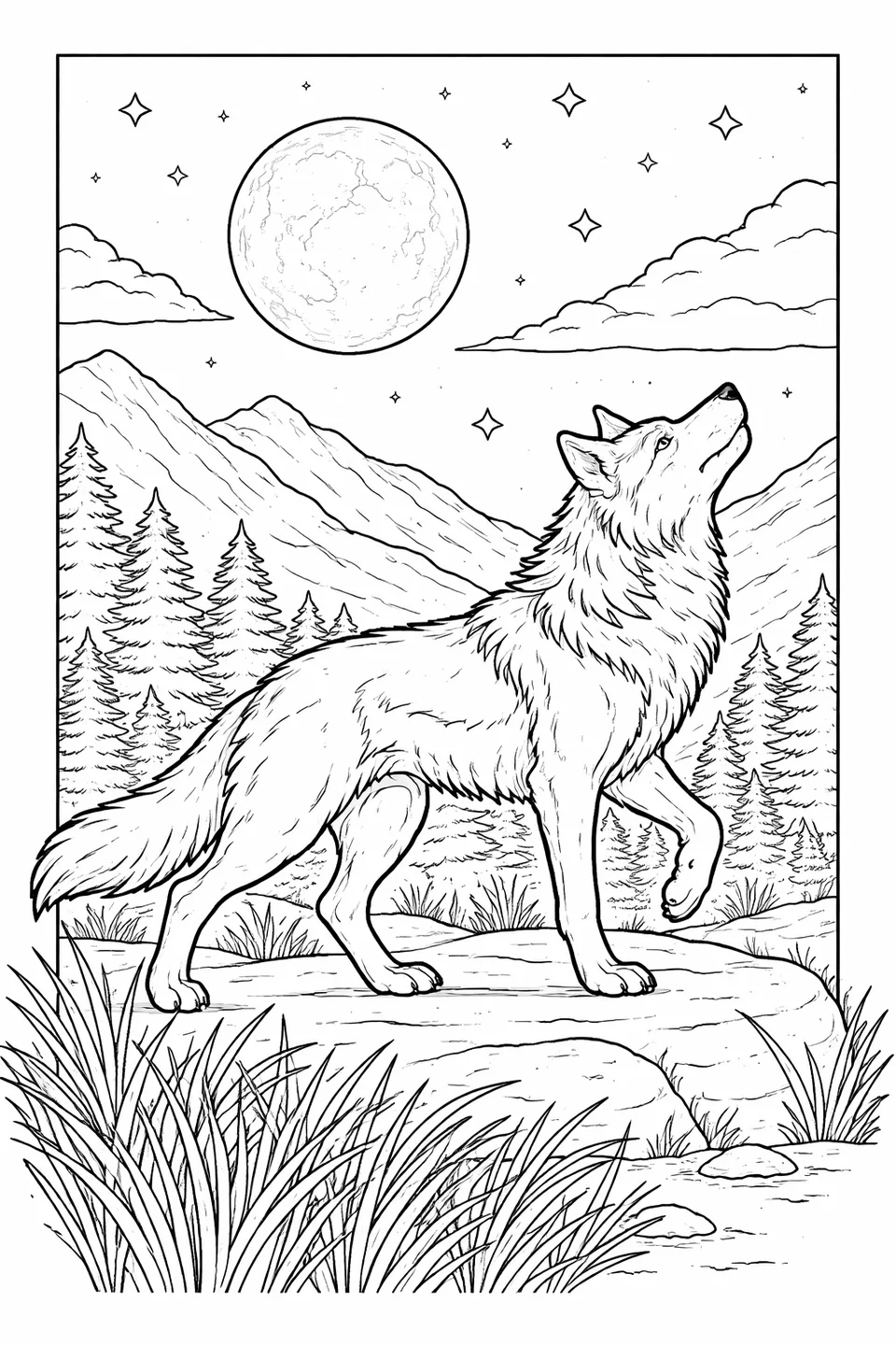 Line drawing of a wolf paused with one paw raised and nose lifted on a mountain slope with ridgelines in the background