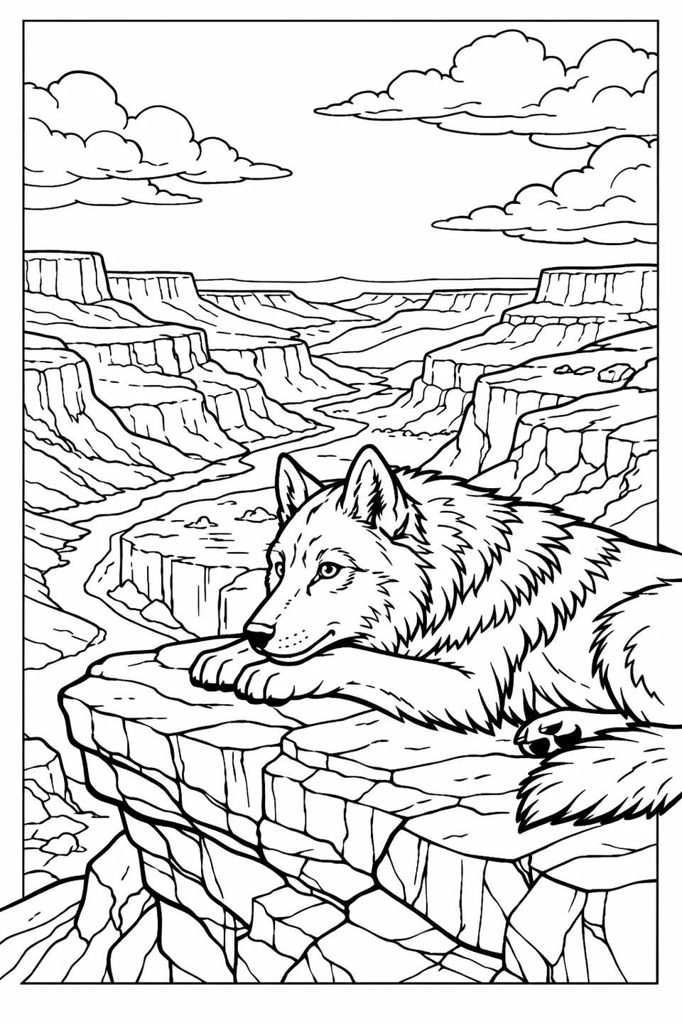 Line drawing of a wolf lying on a rocky ledge with its head on its paws, overlooking a wide canyon with clouds in the sky