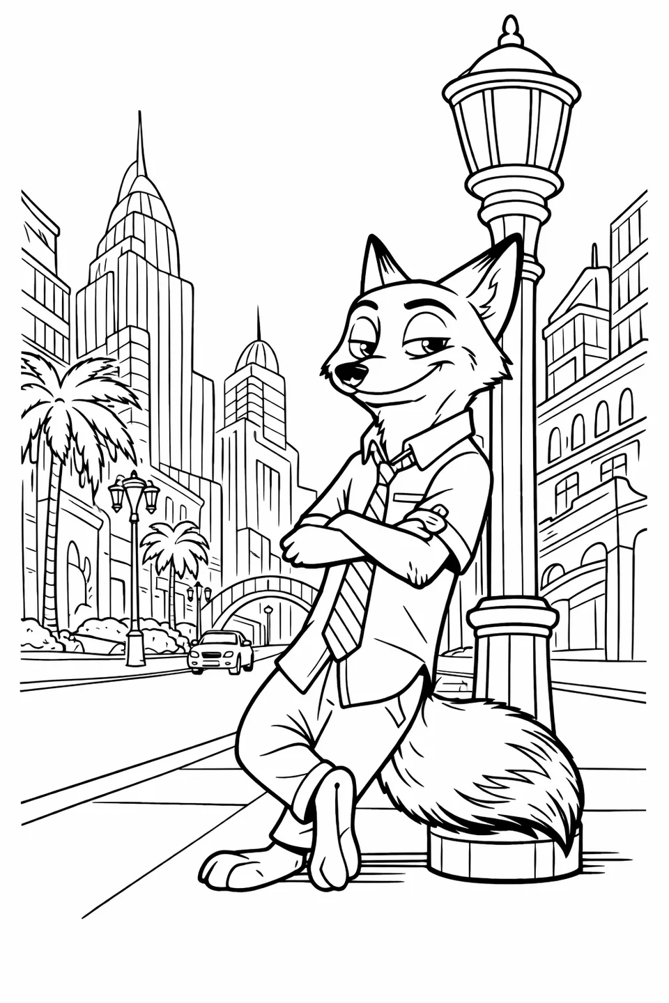 Cartoon fox in a green shirt and striped tie leaning against a lamppost with city buildings in the background