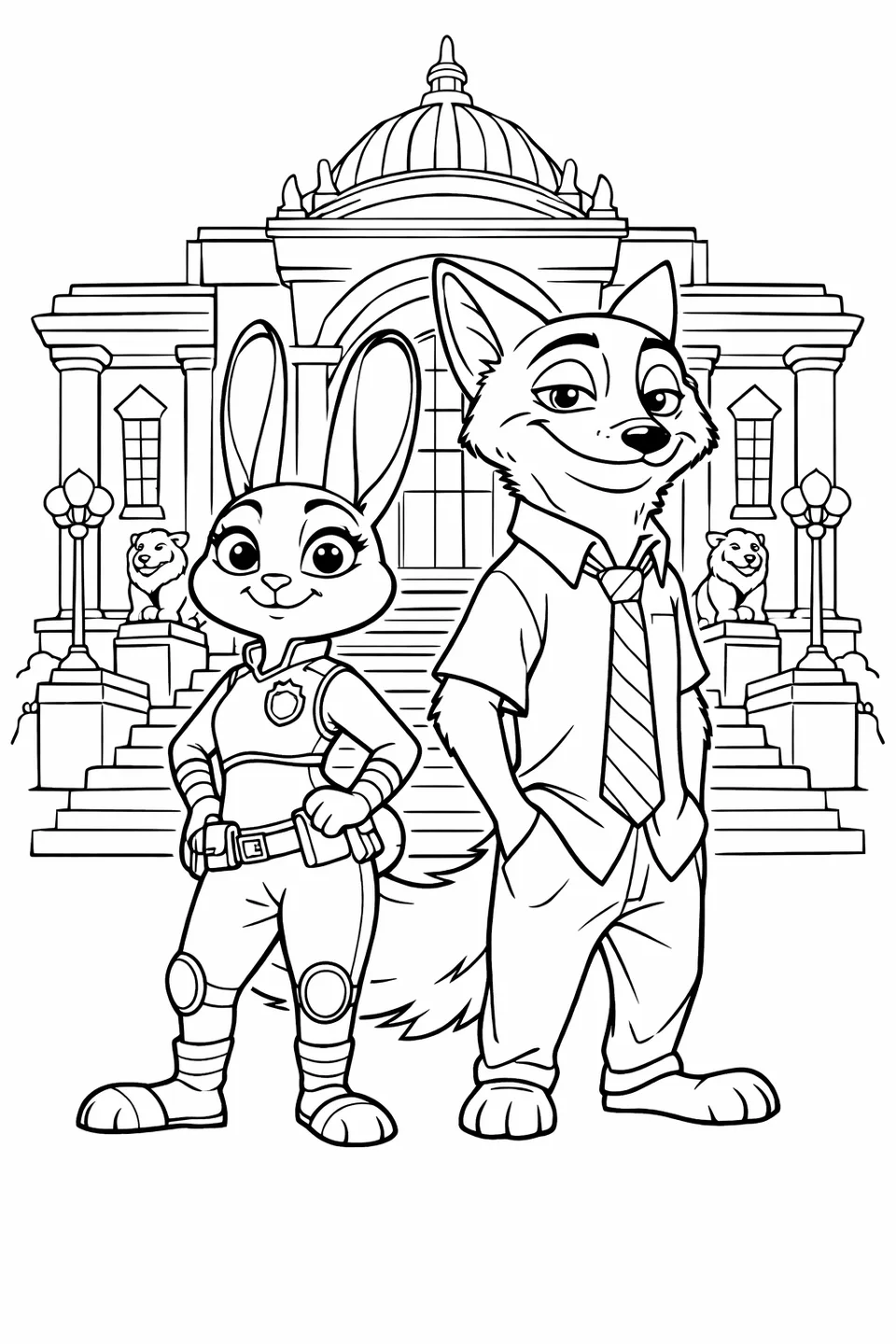 Cartoon rabbit in a police uniform and cartoon fox in a shirt and tie standing together on stone steps in front of a large building
