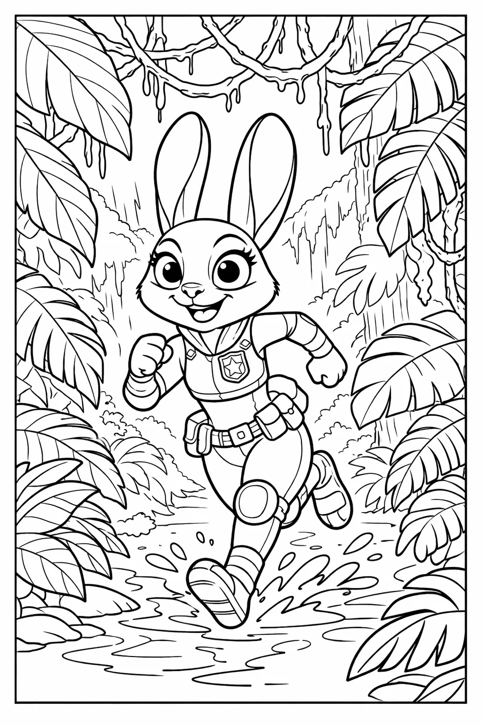 Cartoon rabbit in a police uniform running through a dense tropical area with large leaves, vines, and mist in the background