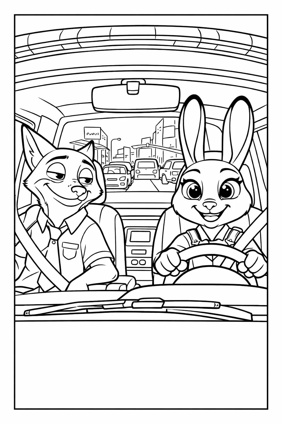 Cartoon rabbit driving a police car with a cartoon fox in the passenger seat, city traffic and buildings visible through the front windshield