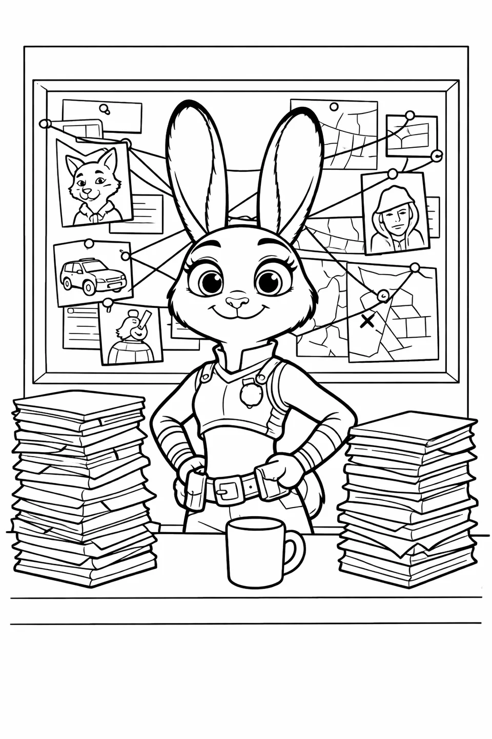 Cartoon rabbit in a police uniform standing at a desk covered in files, with a large bulletin board covered in photos and string on the wall behind her