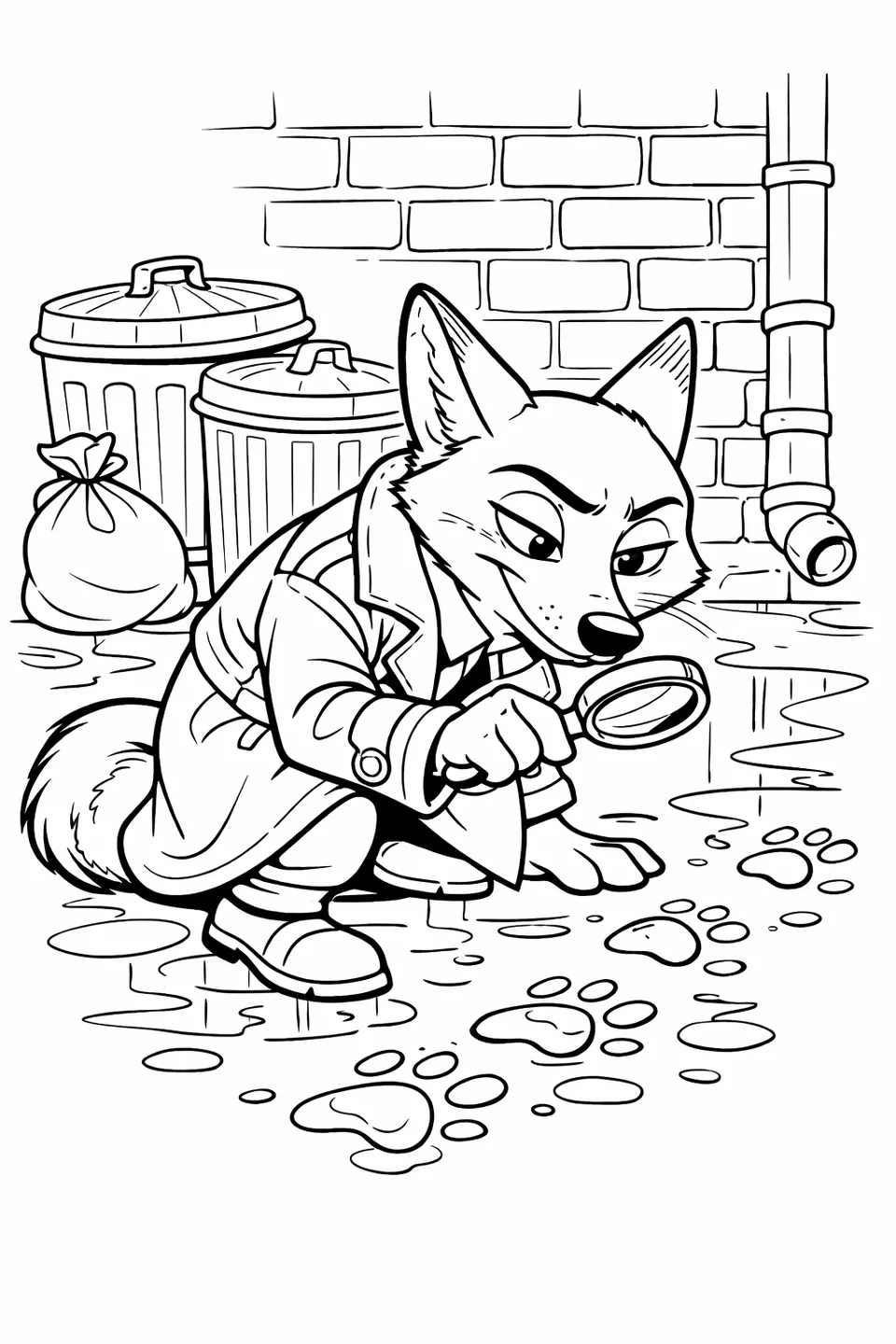 Cartoon fox in a long coat crouching in an alley holding a magnifying glass over footprints on the ground, with garbage cans and a brick wall in the background