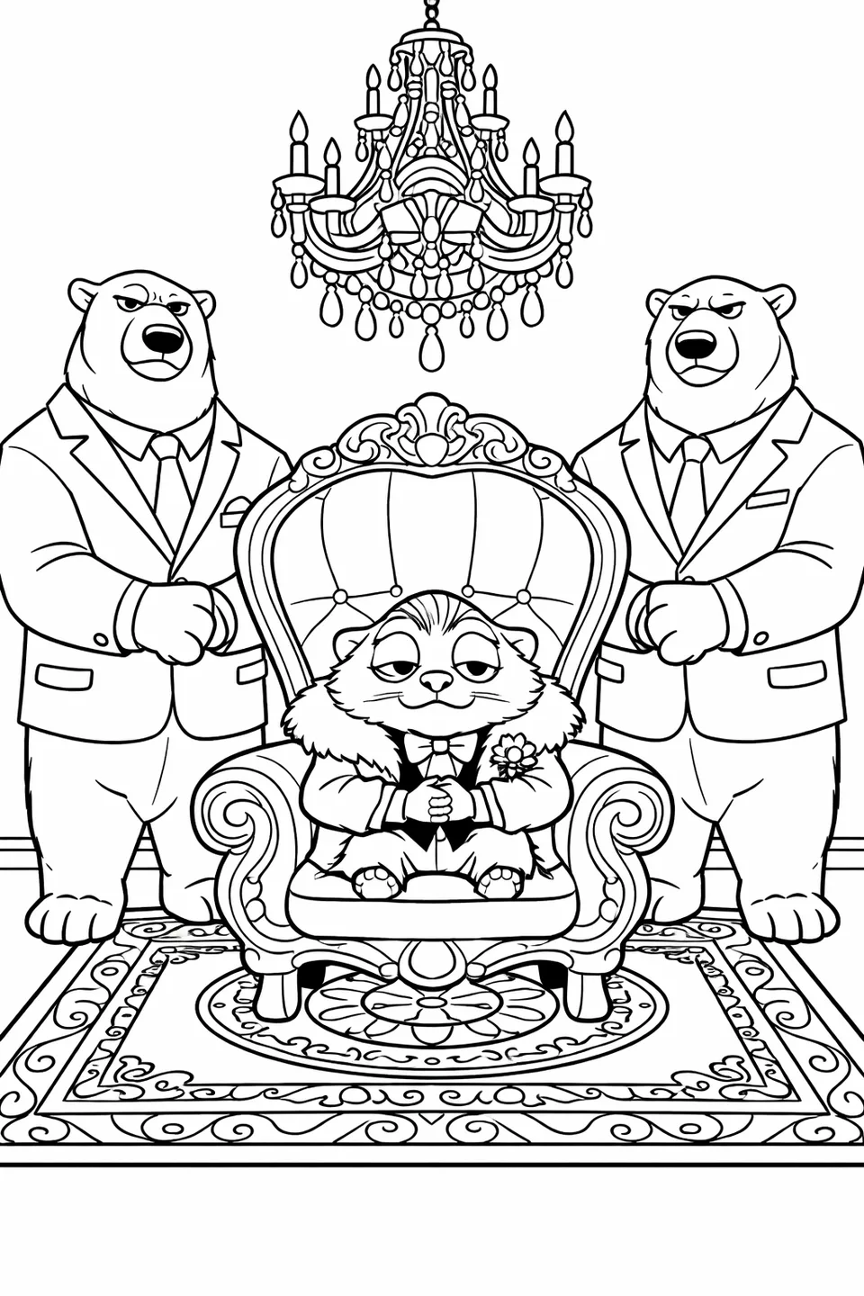 Tiny cartoon shrew seated in a large ornate chair with two large polar bears standing on either side inside a grand room with a chandelier and decorative rug