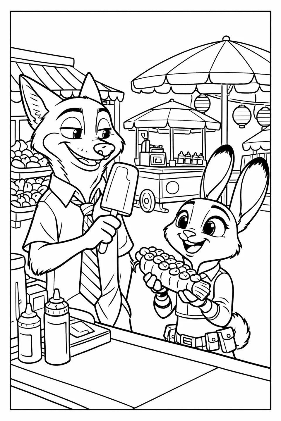Cartoon fox holding a popsicle and cartoon rabbit holding a hot dog standing at an outdoor food cart with colorful market stalls and animals in the background