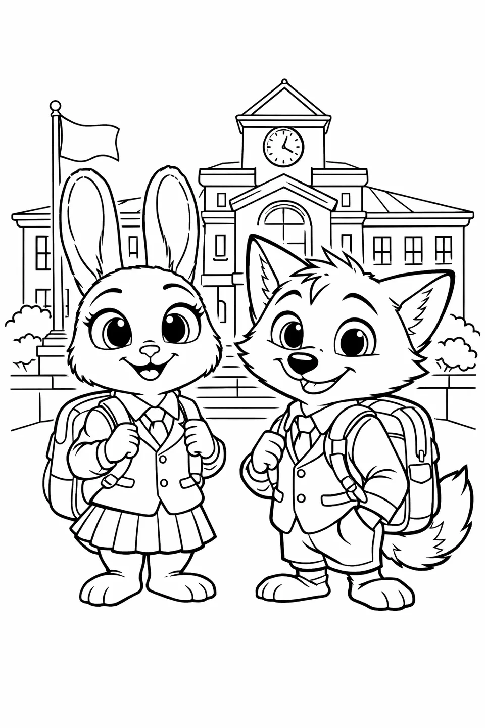 Cartoon young rabbit and cartoon young fox in school uniforms carrying backpacks standing in front of a large school building with a flagpole