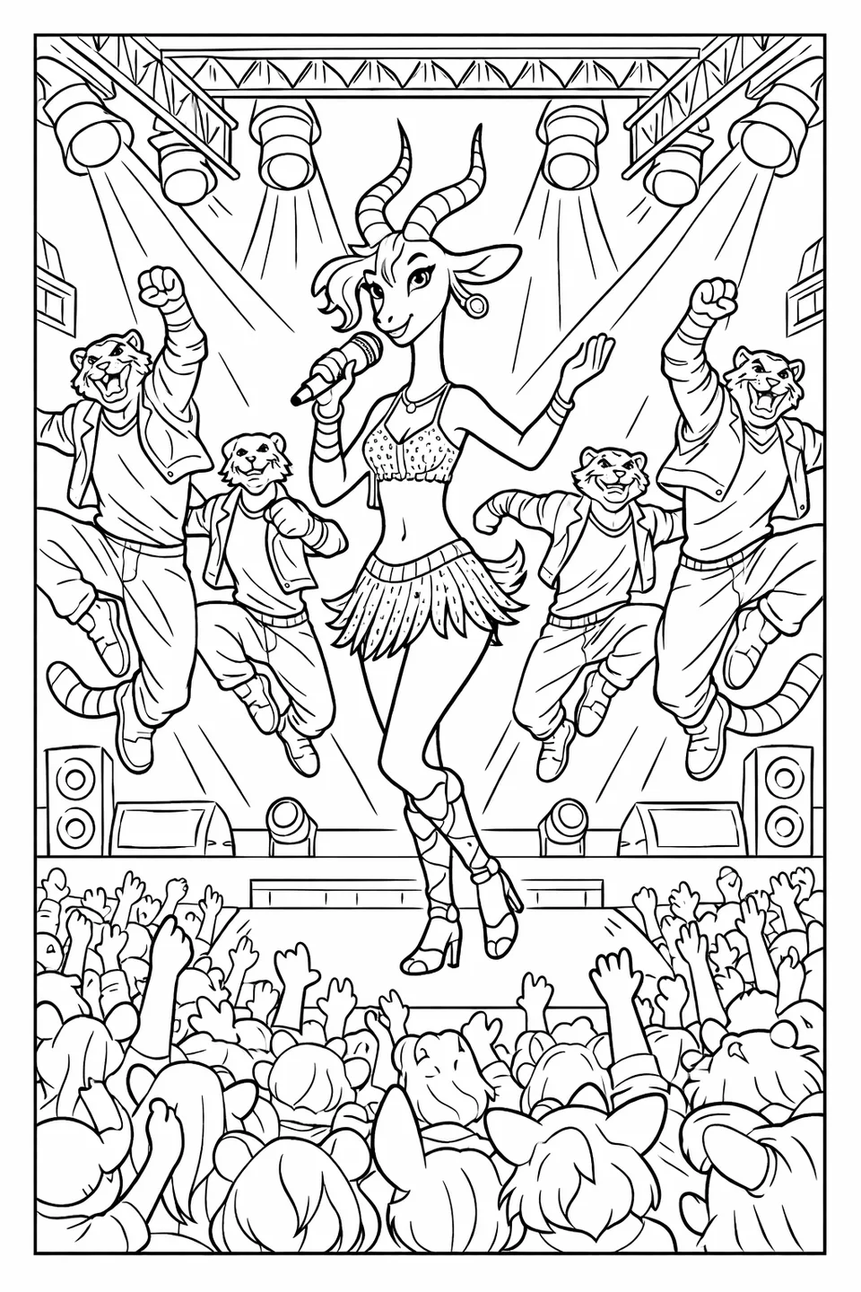 Cartoon gazelle singing on a large concert stage surrounded by leaping tiger dancers under spotlights, with a large crowd of cheering animal characters below