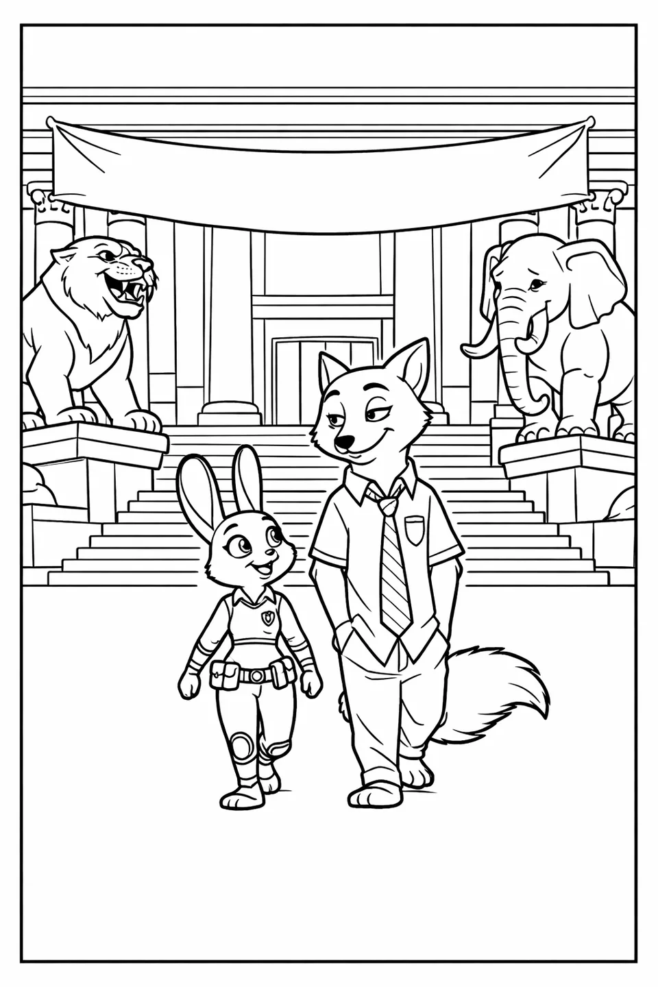 Cartoon rabbit and cartoon fox walking together across a museum plaza with large stone animal statues and a banner hanging across the entrance columns