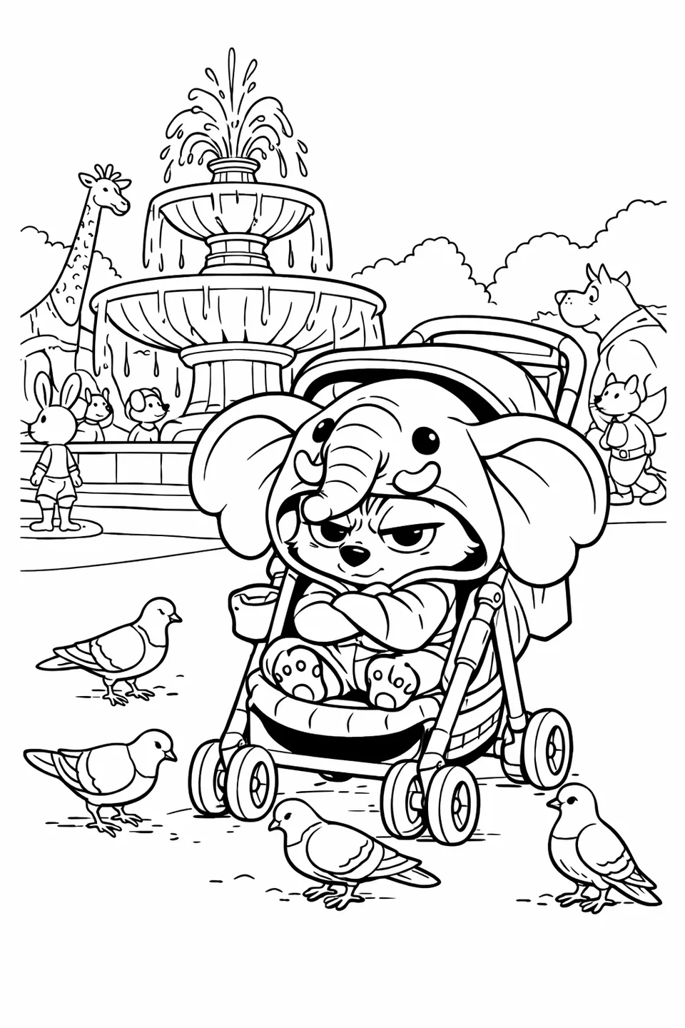 Tiny cartoon fennec fox sitting in a stroller wearing an oversized elephant hat with arms crossed near a park fountain and pigeons on the ground