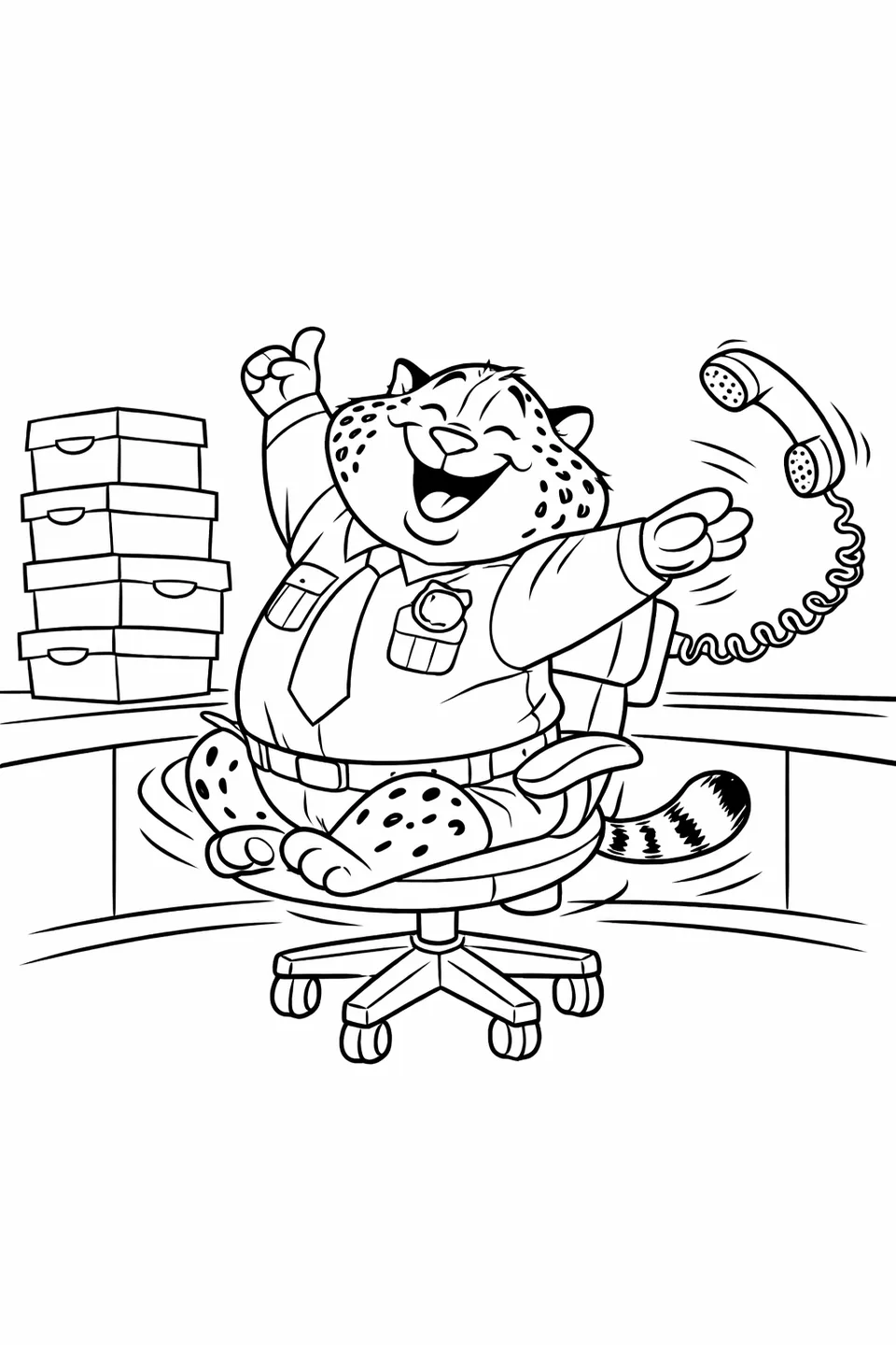 Cartoon cheetah spinning in an office chair at a reception desk with a stack of donut boxes nearby and a phone falling off the counter
