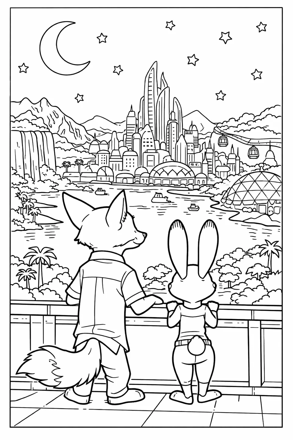 Cartoon fox and cartoon rabbit standing on a rooftop terrace at night looking out at a glittering city skyline with illuminated districts in the distance