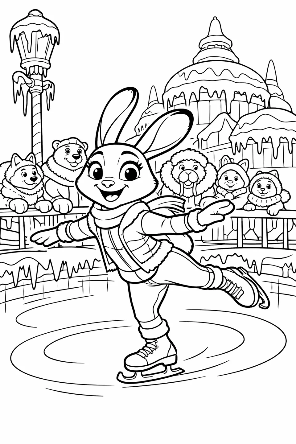 Cartoon rabbit ice skating on an outdoor rink in a frozen city district with arctic animals watching from behind a railing and icicle-covered buildings in the background