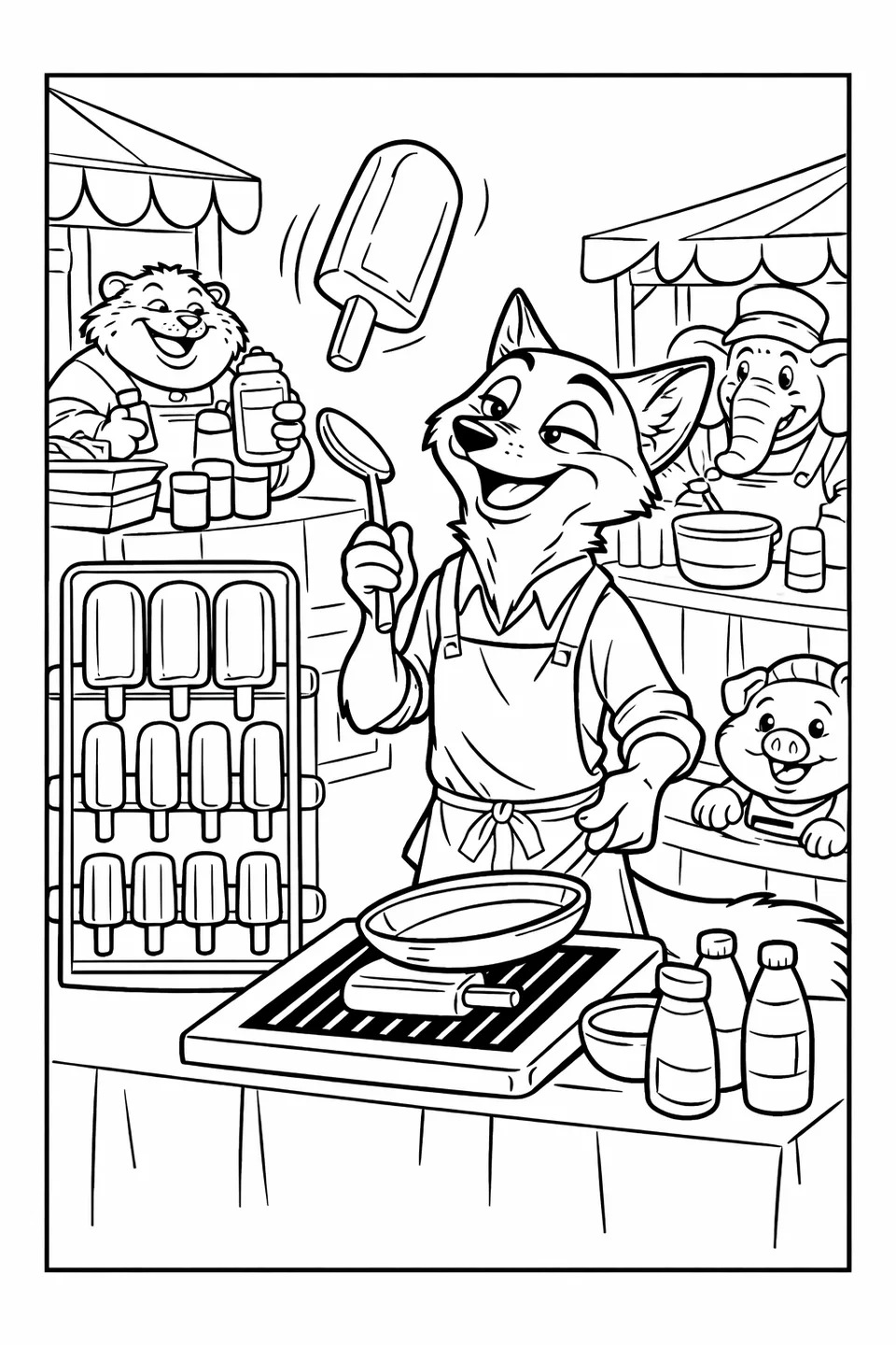 Cartoon fox in an apron flipping a popsicle behind an outdoor market counter with a rack of colorful popsicles beside him and animal vendors in the background