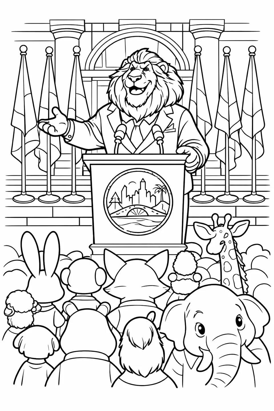 Cartoon lion in a suit standing at a podium with a city seal on it, gesturing toward a crowd of various animal characters gathered in a plaza with flags in the background