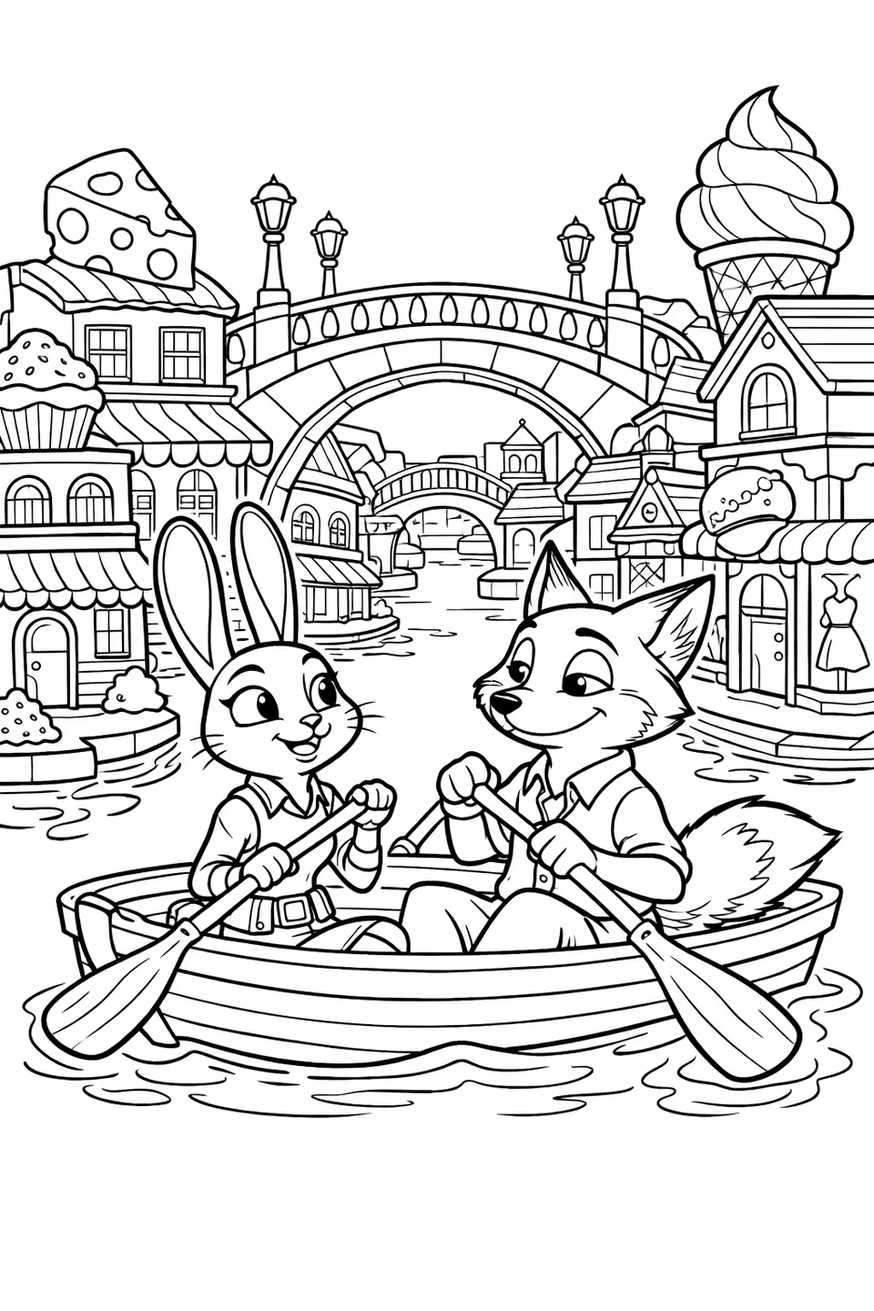 Cartoon rabbit and cartoon fox rowing a small boat through narrow canals lined with miniature-scaled buildings, tiny bridges, and small storefronts