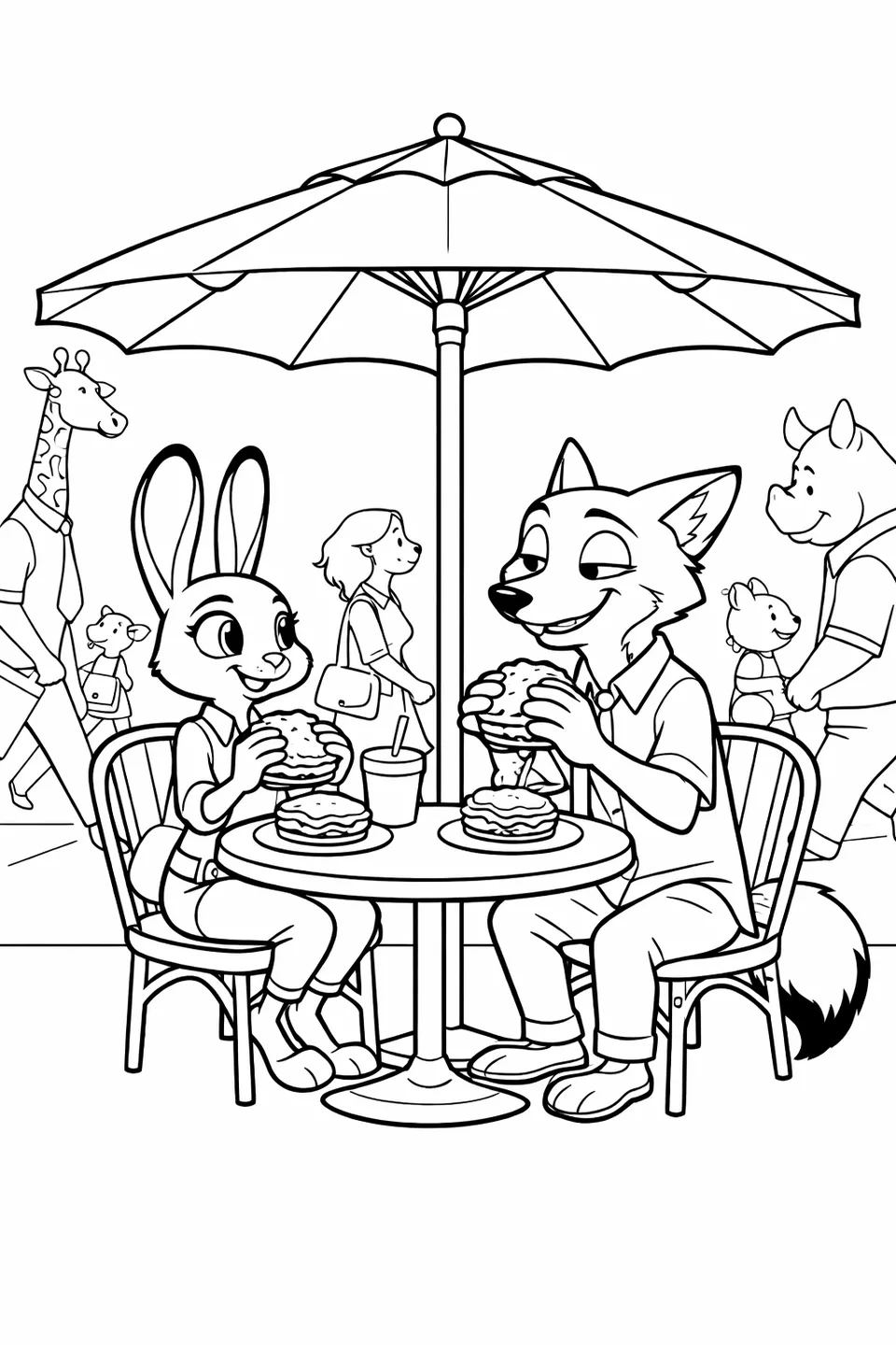 Cartoon rabbit and cartoon fox sitting at a small outdoor cafe table with sandwiches and drinks under an umbrella, with animal pedestrians walking along the sidewalk behind them
