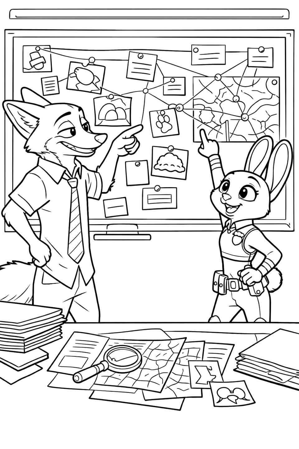 Cartoon fox and cartoon rabbit standing in a dim office pointing at different items on a large evidence board, with files and maps spread across a desk in front of it